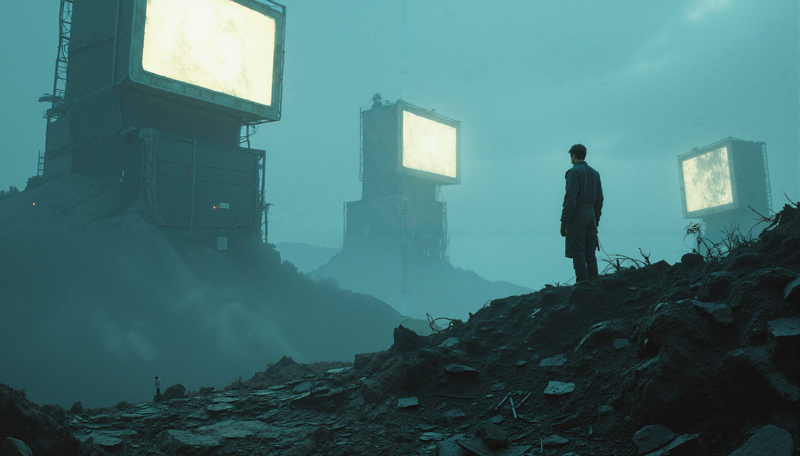 Towering Screens in Misty Landscape