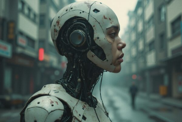 Humanoid robot in industrial cityscape, suggesting a futuristic coexistence of technology and humanity.