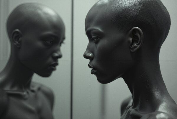 An introspective individual gazes into a mirror, reflecting a profound moment of self-contemplation in grayscale.
