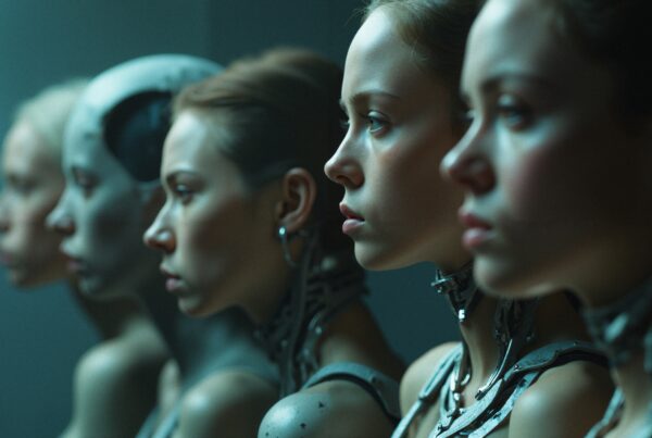 A lineup of futuristic human-machine hybrids with intricate synthetic features under dim, cool lighting, embodying themes of robotic technology and identity.