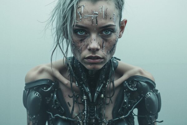 A cyborg with green eyes, embedded electronics, and mechanical armor in a misty setting.
