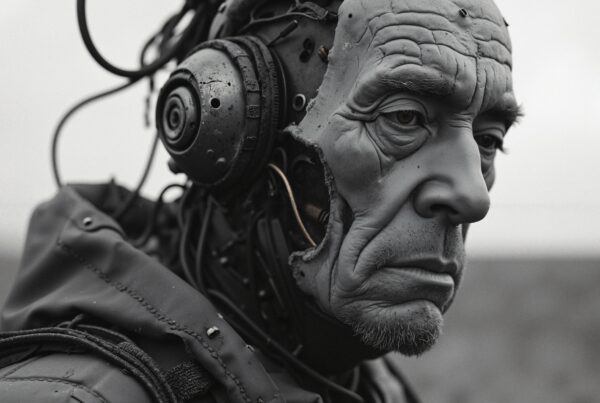 Monochrome portrait blending cybernetics and humanity.