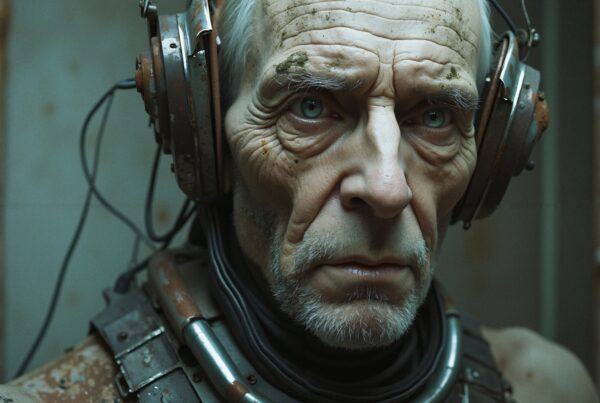 Portrait of an elderly man wearing large vintage-style headphones, conveying a futuristic and introspective mood.