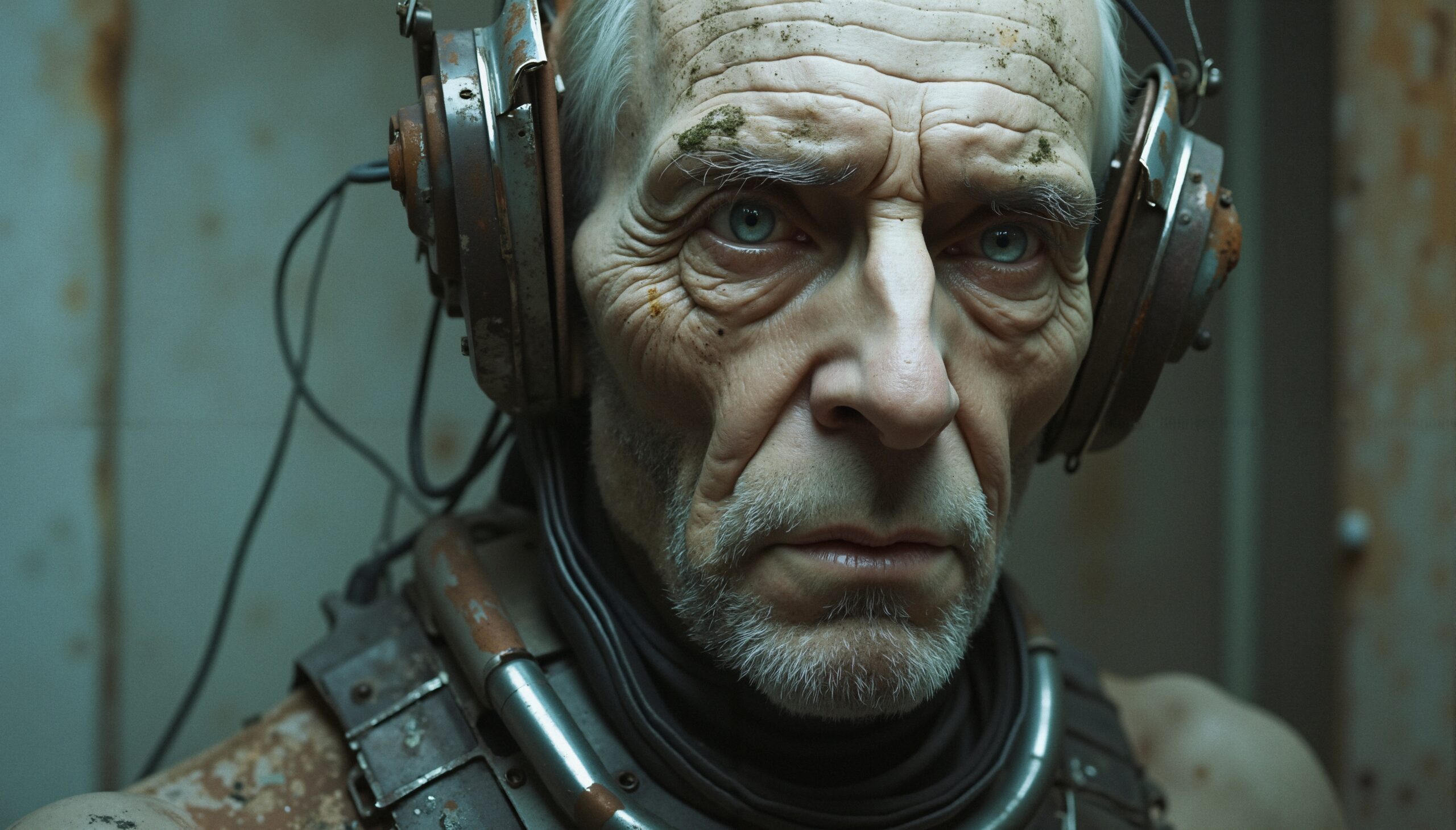 Elderly Man in Futuristic Headphones