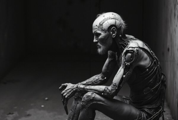 A contemplative cyborg sits alone in a dim room, evoking themes of futuristic loneliness.
