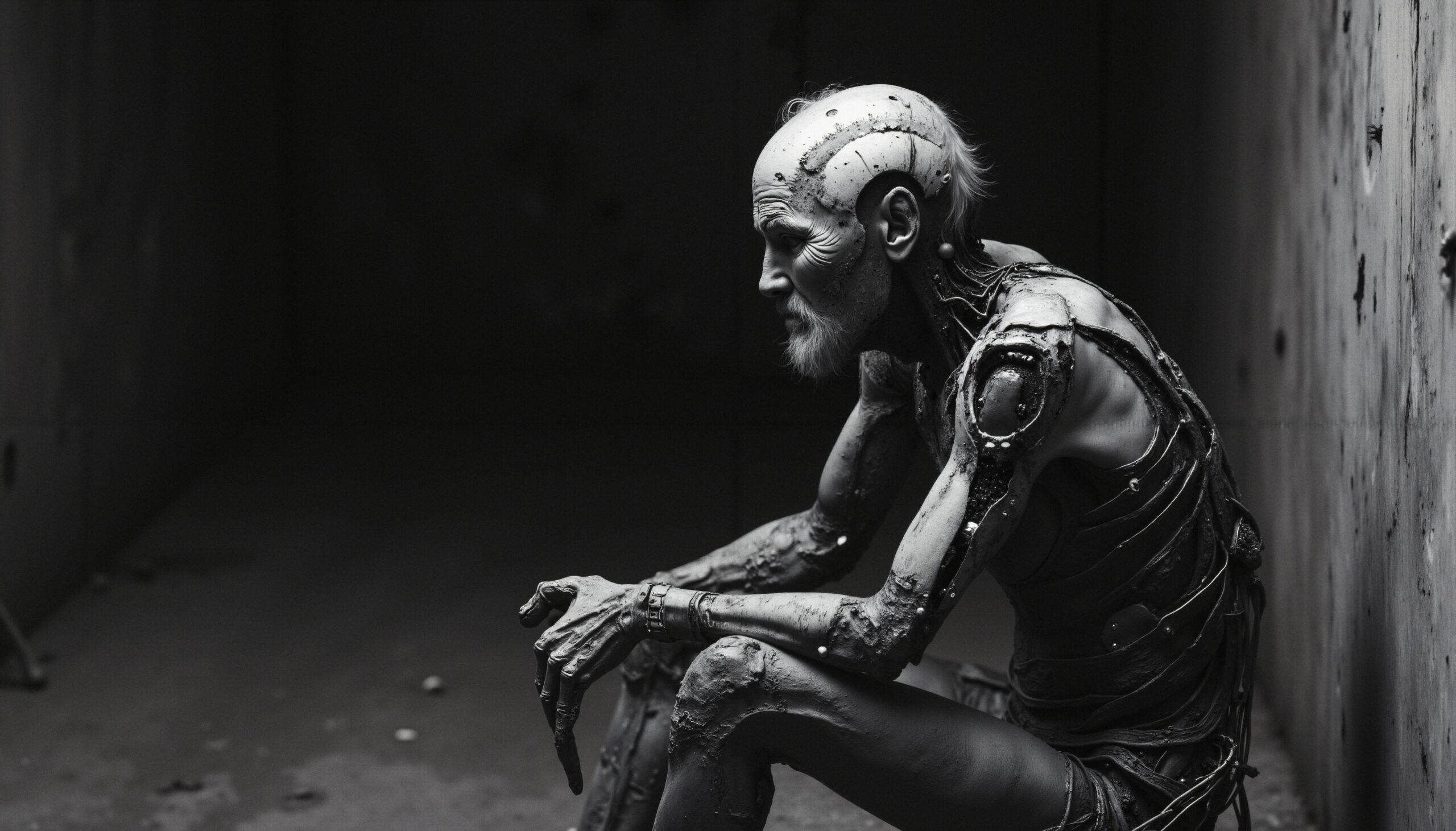 Contemplative Cyborg in Dim Room
