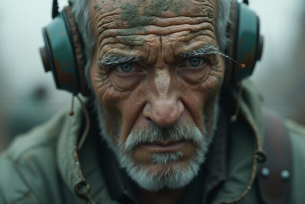 Elderly man with headphones and intense gaze.