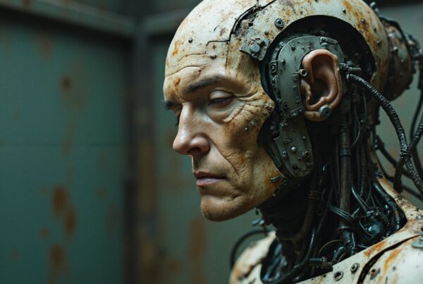 Close-up of a human-like cyborg with exposed mechanical components and a contemplative expression.