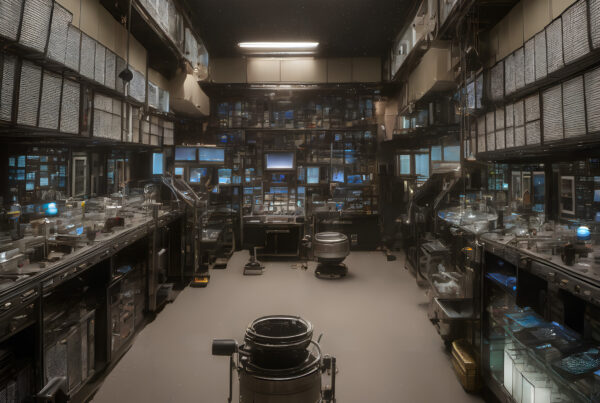 A laboratory with many computers and a machine.