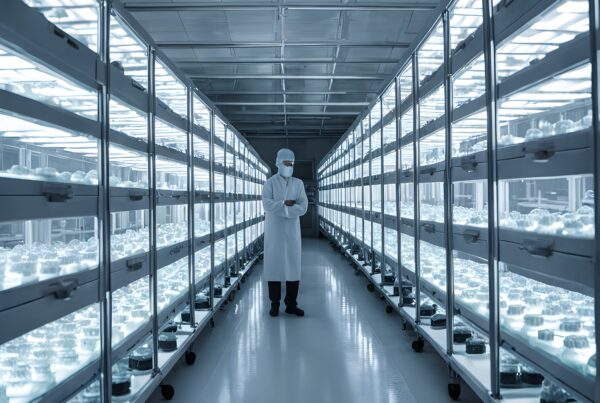 Scientist in sterile lab environment with illuminated shelves.