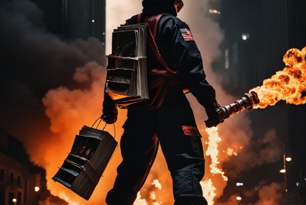 Firefighter in full gear stands in an urban street with dramatic flames.
