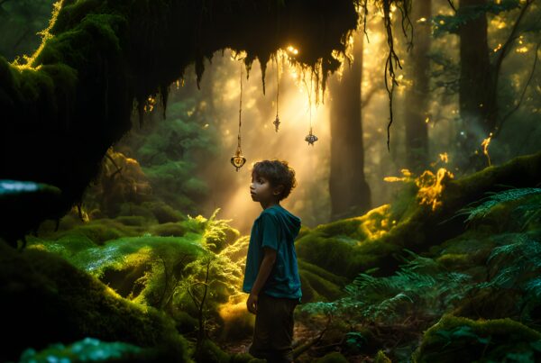 A young boy in a mystical forest, illuminated by sunlight, stands mesmerized under hanging ornaments.
