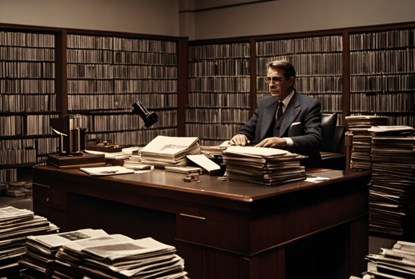 A man in a vintage library, surrounded by books and paper stacks, absorbed in analyzing documents.