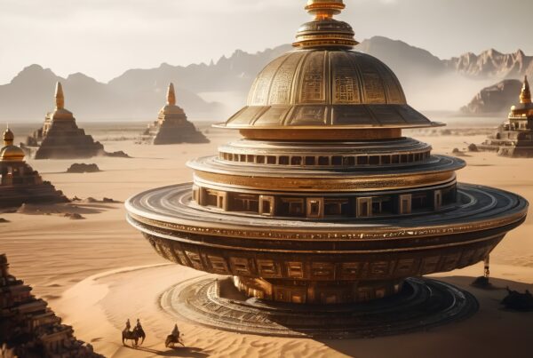Vast desert with majestic temples and golden domes.