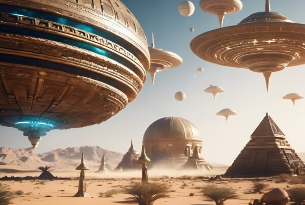 An alien landscape with futuristic, hovering structures set against a desert backdrop, evoking a sense of sci-fi wonder and advanced civilization.