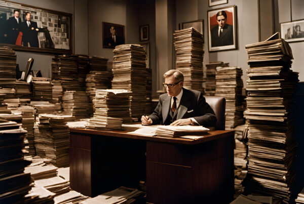 Businessman in a Cluttered Office with Stacks of Papers
