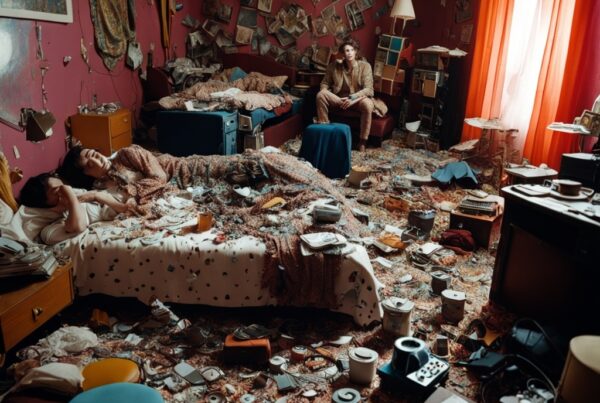 A messy bedroom filled with clutter, with people lounging on the bed.