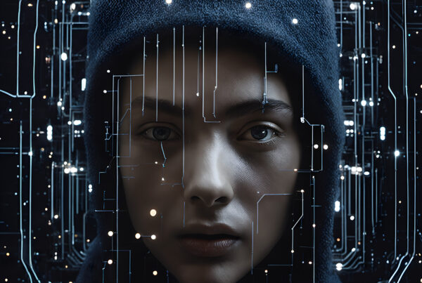 A person's face overlaid with facial recognition technology graphics.