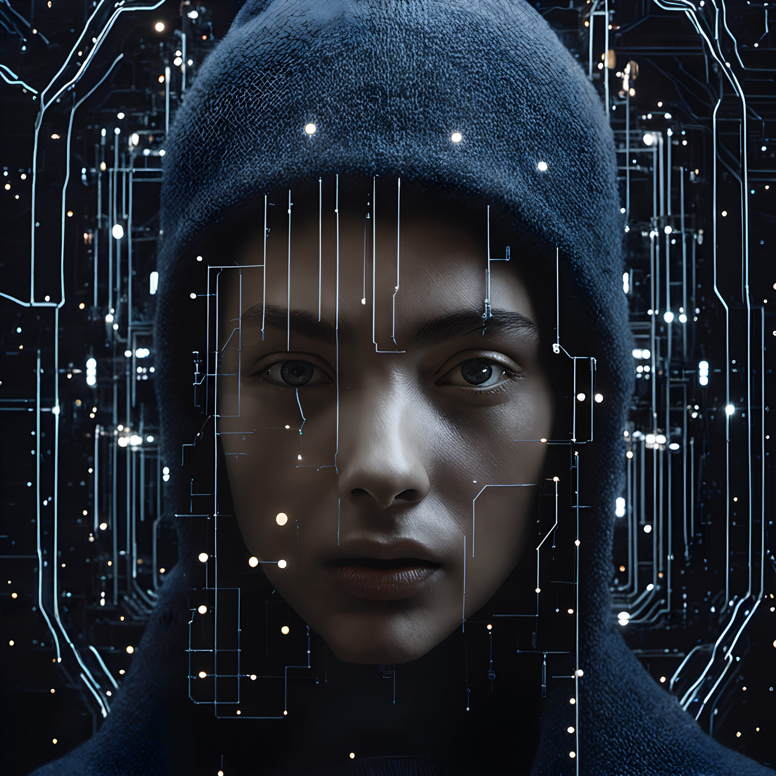 A person’s face overlaid with facial recognition technology graphics