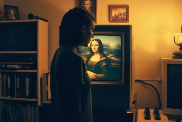 A woman in a dimly lit room gazes at a vintage television displaying the Mona Lisa, surrounded by retro furniture and décor, creating a nostalgic atmosphere.