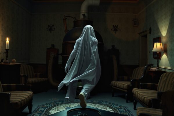 A mysterious figure draped in flowing robes stands in a dimly lit room with vintage furnishings and an enigmatic ambiance.