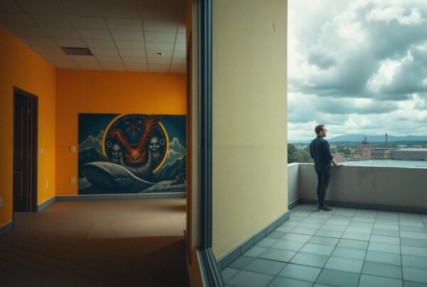 A contemplative man on a balcony, viewing a cityscape while a vibrant mural decorates the room behind him.