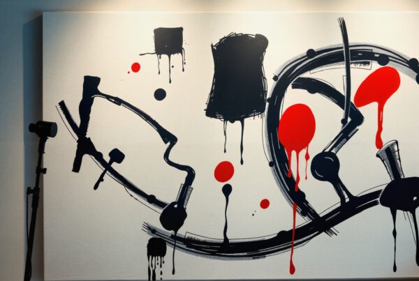 Abstract painting with black brushstrokes and red drips on a white canvas, illuminated by a nearby lamp.