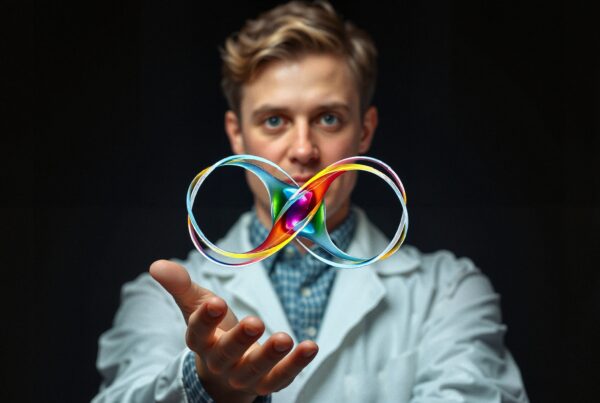 A scientist presents a glowing, multicolored infinity symbol.
