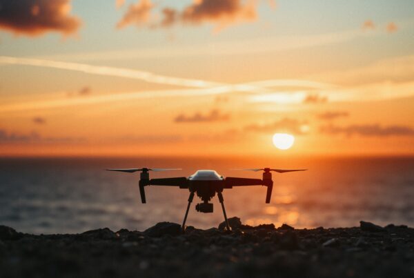 A drone silhouetted against a stunning sunset over a calm ocean with soft, vibrant colors.