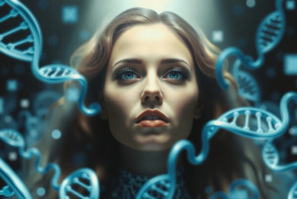 A woman gazes upwards, surrounded by glowing DNA helixes, symbolizing a connection between humanity and genetics.
