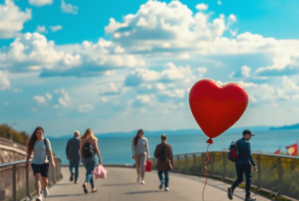 Heart-shaped red balloon floating on a scenic walkway with water and clouds in the background.