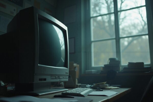 Vintage desktop computer on cluttered desk near window.