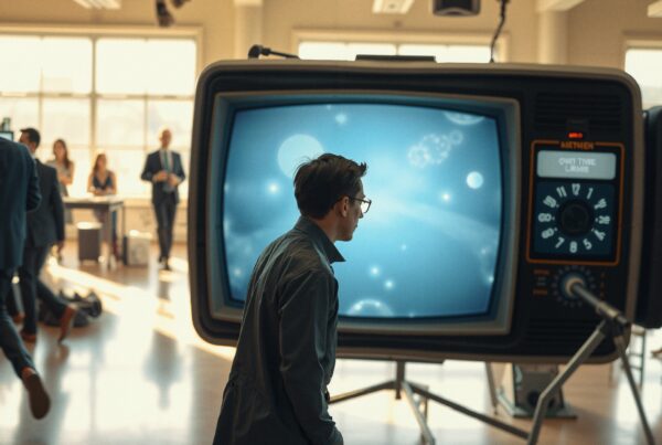 A man stands near a large retro television in a bright office setting.