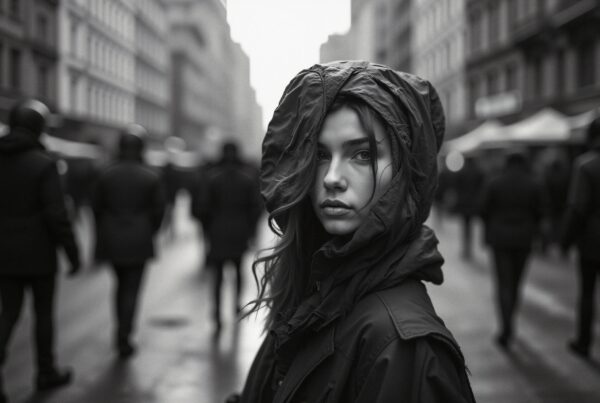 A woman in a hooded jacket stands out in a black-and-white city street scene, surrounded by blurred silhouettes.
