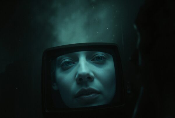 A woman's face on a vintage TV screen creating an ethereal and mysterious atmosphere.