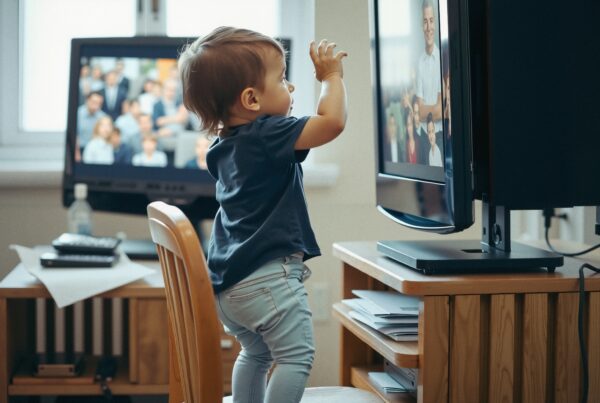 A toddler in a blue shirt reaches up to touch a television screen, captivated by the display.