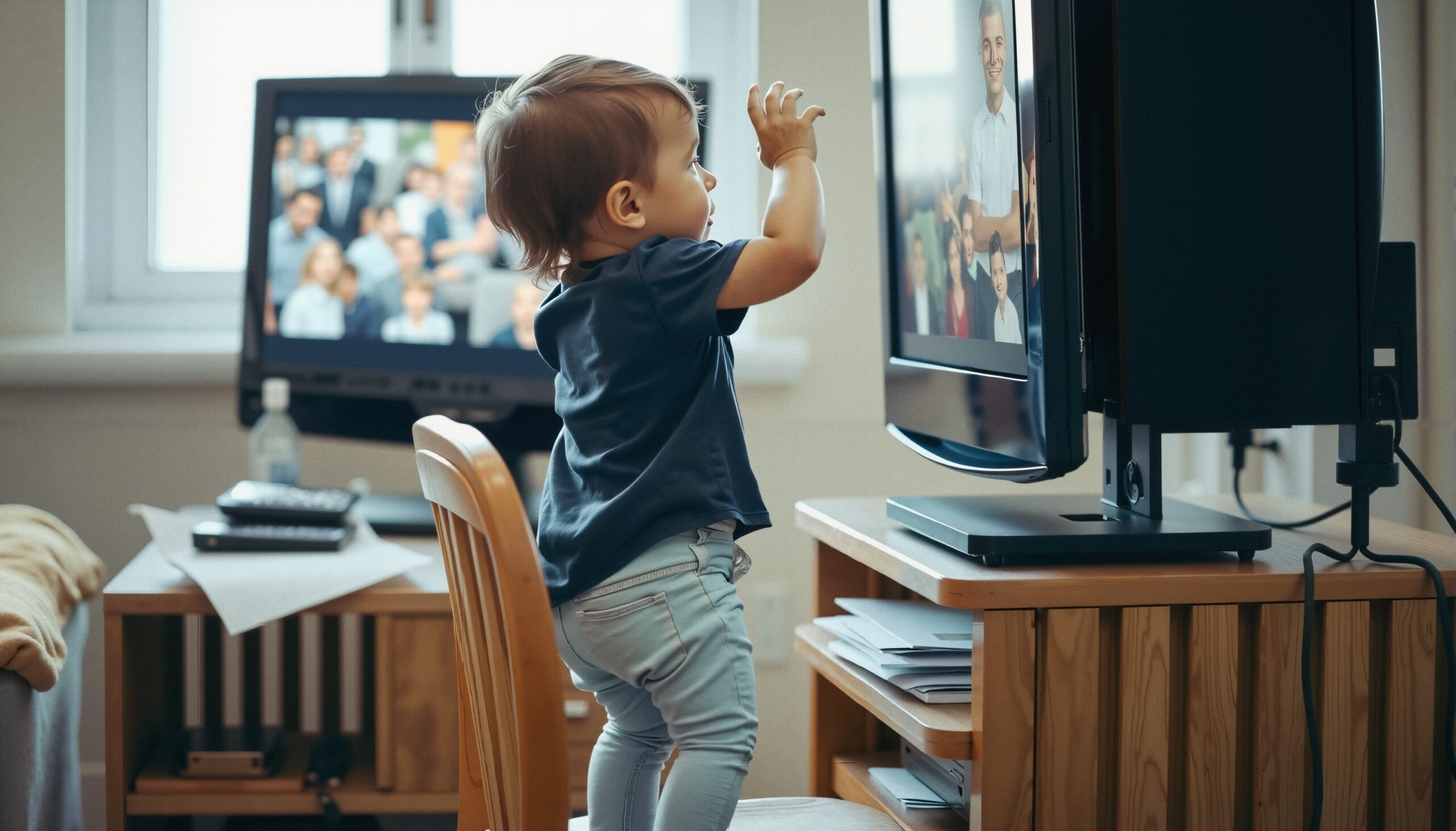 Toddler Reaches for Television Screen