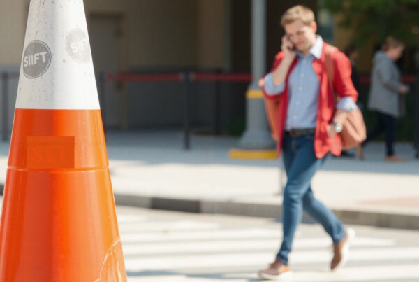 A man in a red jacket walks across a street talking on his phone, with a prominent orange traffic cone in the foreground.