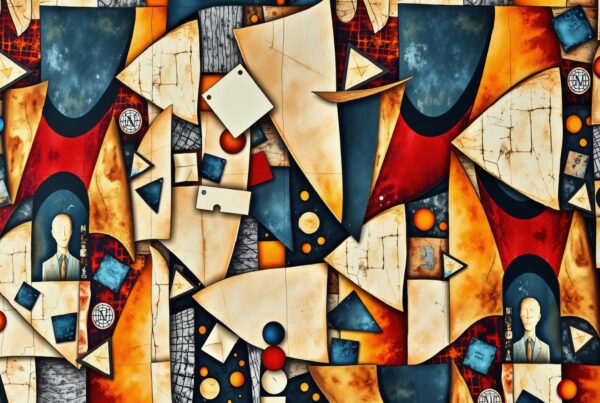 A vibrant abstract image featuring colorful geometric shapes, textures, and stylized human figures.