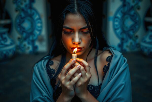 A woman meditatively holds a candle, softly illuminated in an elegant setting.