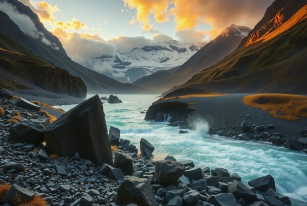 Mountain landscape with river, sunset-lit peaks, and waterfall creating a breathtaking natural scene.