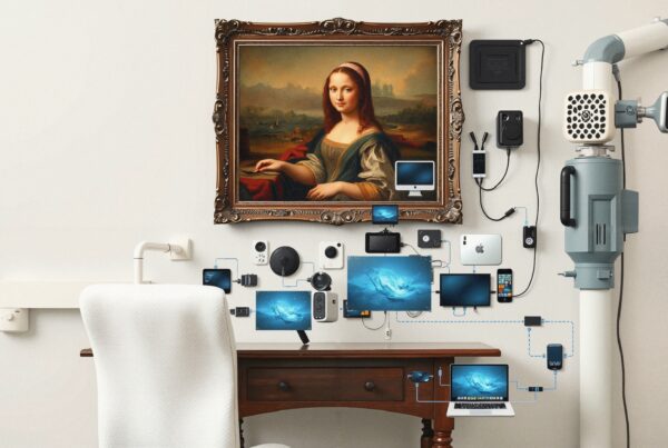 A classic workspace merges with modern technology featuring a framed painting, gadgets, and interconnected devices.
