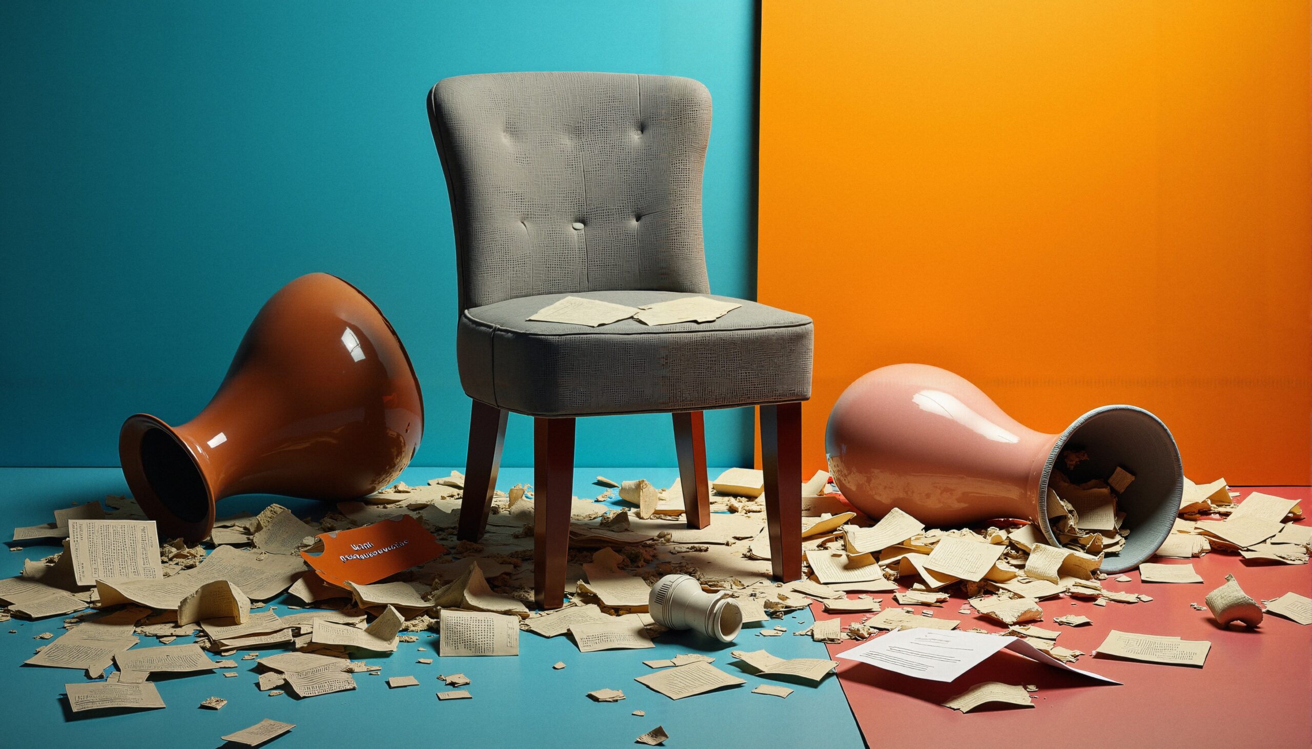 Cluttered Room with Toppled Vases