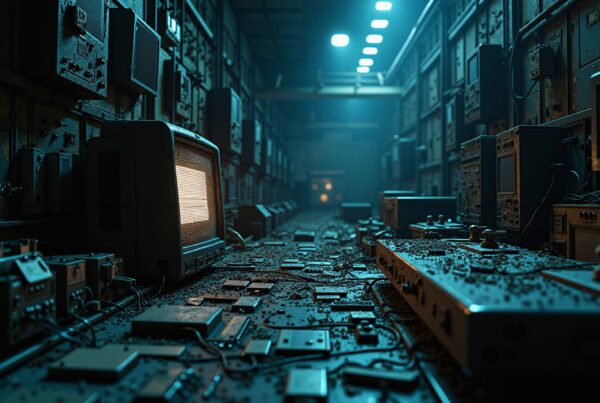 A dimly lit room with vintage electronics, featuring an old CRT monitor and scattered components, creating an abandoned industrial atmosphere.