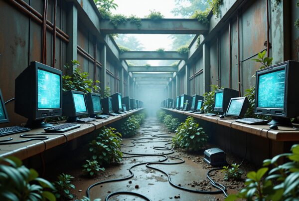 Futuristic corridor with abandoned computers and thriving greenery.