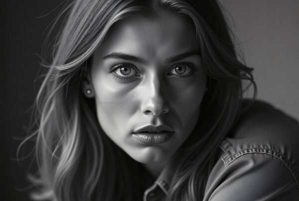 Black and white portrait of a woman with a captivating gaze, focusing on her eyes and expression.