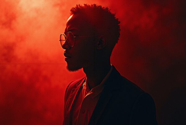 A dramatic silhouette of a man in a suit with glasses against a red textured background.