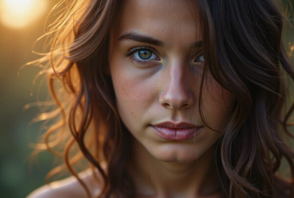 Close-up portrait of a woman with striking eyes and wavy hair in golden hour light.