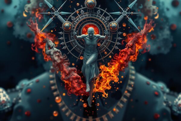 A surreal figure emerges from a mechanical structure surrounded by fiery flames and celestial elements.