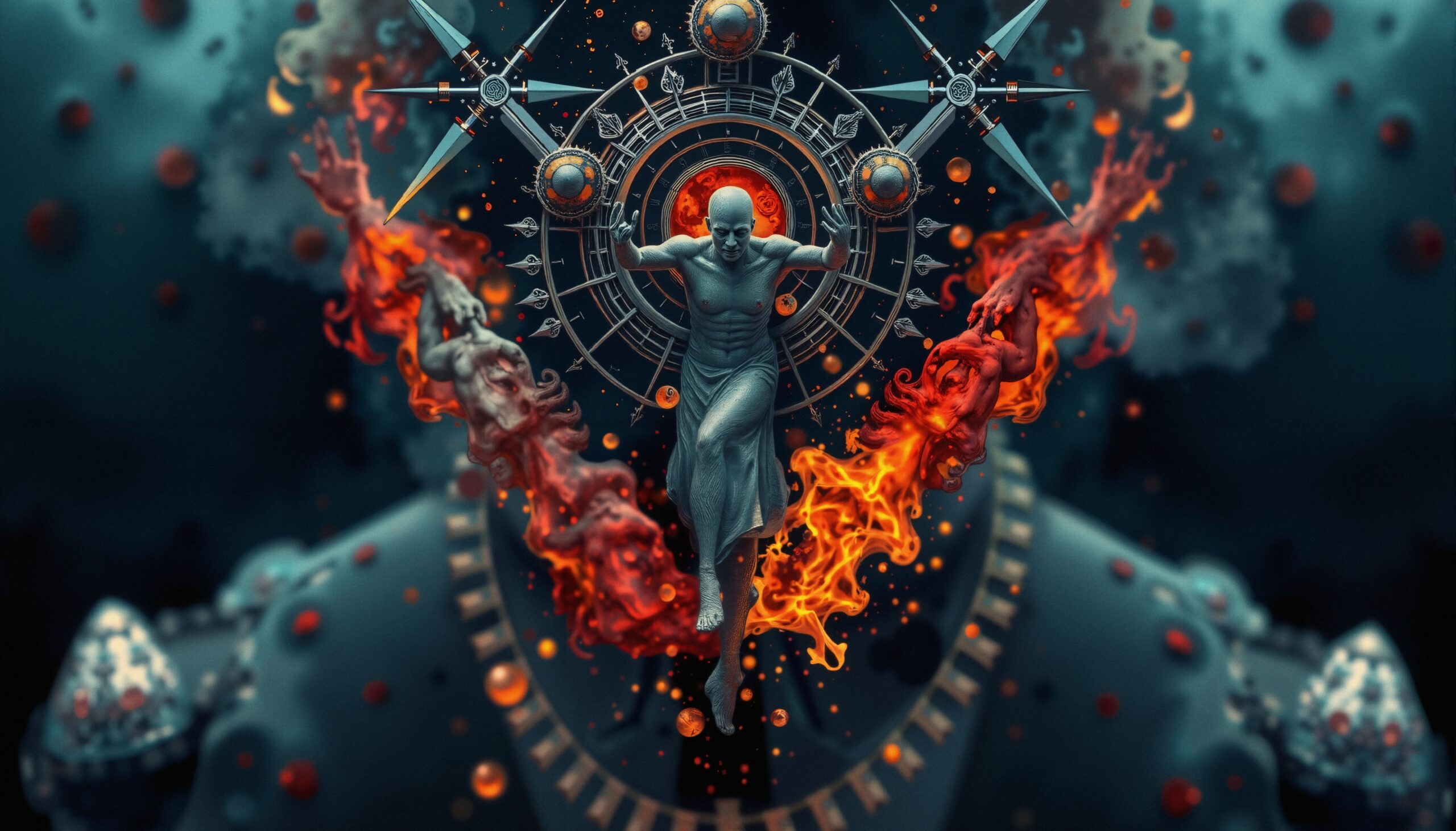 Surreal Mechanical Figure in Flames